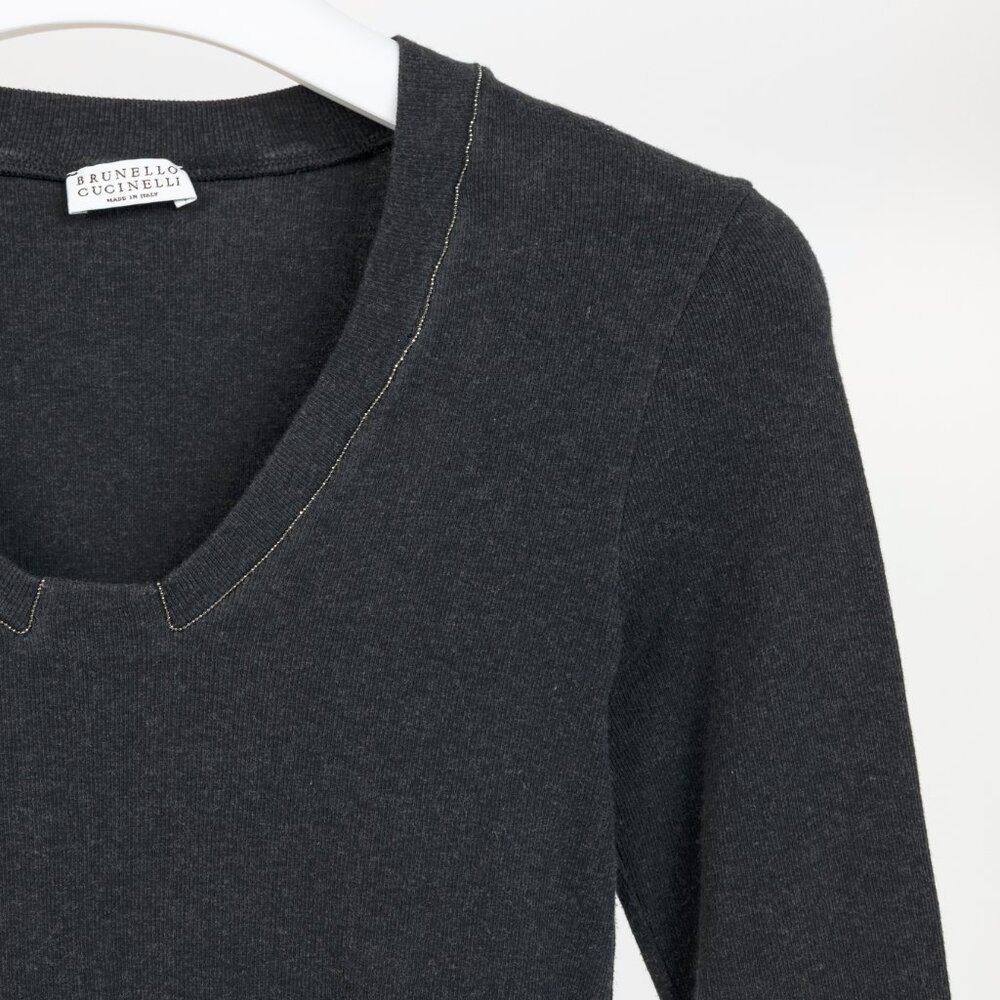 Brunello Cucinelli Grey Cotton-Knit Monili-Bead Pullover - Picture 4 of 10